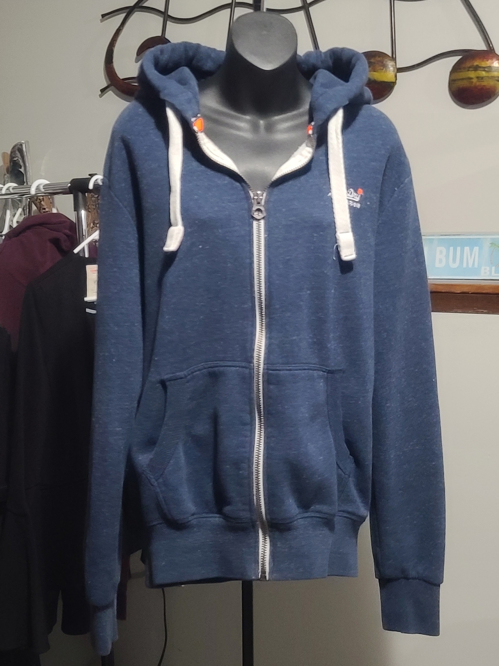 Superdry Men's Navy Zip-Up Hoodie with White Drawcords - Gender Neutral